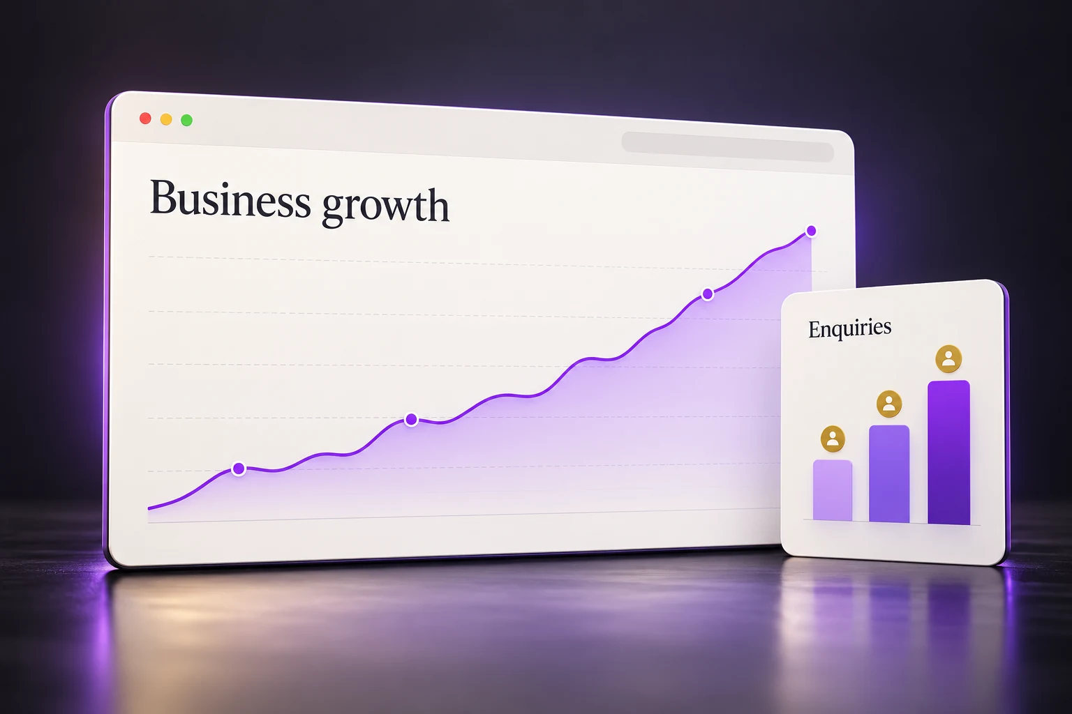 Illustration of business growth with a rising purple chart and customer enquiry bars